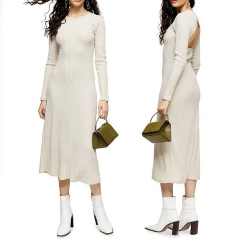 Topshop Women’s 8 Beige Knit Open Back Midi Dress Long Sleeve Bodycon Stretch